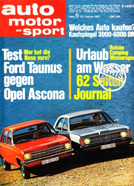 5/1971: Test: Ford Taunus gegen Opel Ascona - Wer hat die Nase vorn?; Neues Modell: Opel Rekord; Neues Modell: BMW 2002 Cabriolet; Daten und Taten: Ford Capri RS; Sport: Formel 1 Motor von Ferrari; Welches Auto kaufen? Kaufspiegel 3000-6000 DM; Urlaub am