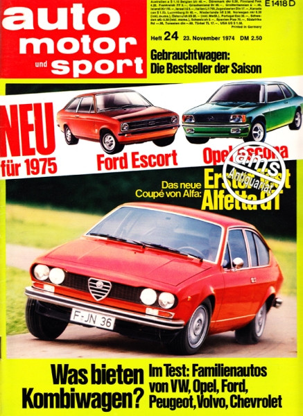 24/1974: Neu für 1974 - Ford Escort und Opel Ascona; Das neue Coupe von Alfa: Erster Test Alfetta GT; Was bieten Kombiwagen? Im Test: Familienautos von VW, Opel, Ford, Peugeot, Volvo, Chevrolet; Gebrauchtwagen: Die Bestseller der Saison