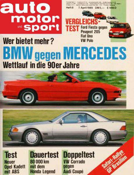 8/1989: Wer bietet mehr? BMW gegen Mercedes - Wettlauf in die 90er Jahre; Test: Neuer Opel Kadett mit ABS; Dauertest: 80 000 km mit dem Honda Legend; Doppeltest: VW Corrado gegen Audi Coupe; Vergleichstest: Ford Fiesta gegen Peugeot 205, Fiat Uno und VW P