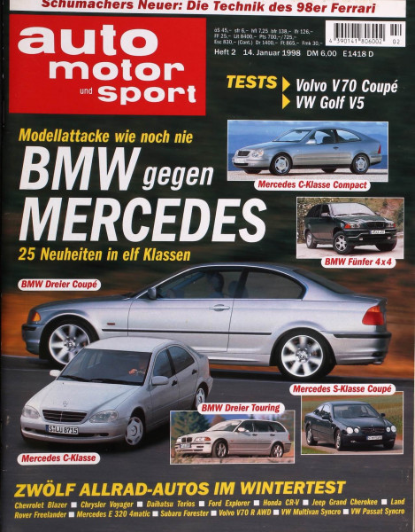 Originale Auto Motor und Sport Zeitung 1998 - AMS 2/1998 vom 14.01.1998 bis 27.01.1998 – BMW gegen Mercedes, Volvo V70 Coupé, VW Golf V5 und zwölf Allrad-Autos im Wintertest