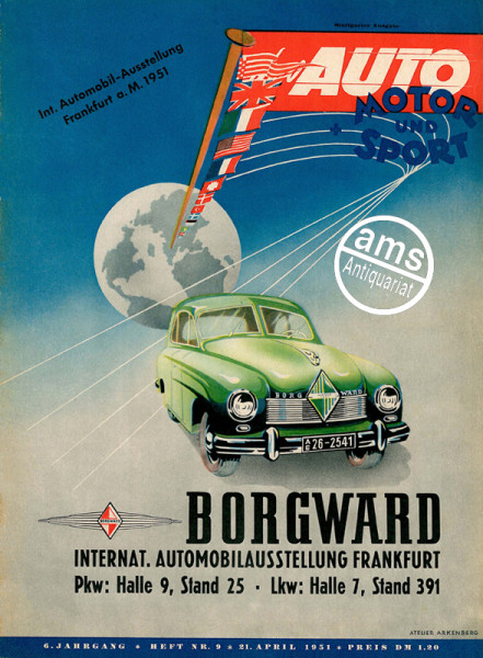 9/1951: IAA Frankfurt 1951 Vorschau; Parade der neuen Modelle; Die Ausländer in Frankfurt; Benzinpreis und Tankstellenluxus; ZF-Media-Getriebe; Wasser, Wald und Berge; Aus der bunten Welt der Autos; Unser Test: DKW Meisterklasse 1951; Italienisches Tagebu