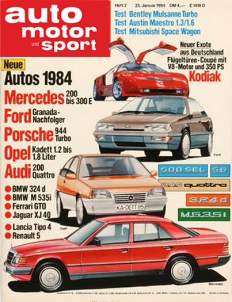 2/1984: Neue Autos 1984: Mercedes 200 bis 300 E, Ford Granada-Nachfolger, Porsche 944 Turbo, Opel Kadett 1.2 bis 1.8 Liter, Audi 200 Quattro, BMW 324 d, BMW M 535i, Ferrari GTO, Jaguar XJ 40, Lancia XJ 40, Lancia Tipo 4 und Renault 5; Test: Bentley Mulsan