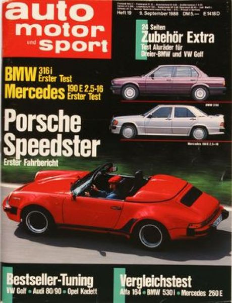 19/1988: Porsche Speedster - Erster Fahrbericht; BMW 316i - Erster Test; Mercedes 190 E 2.5-16 - Erster Test; Bestseller-Tuning: VW Golf, Audi 80/90, Opel Kadett; Vergleichstest: Alfa 164, BMW 530i, Mercedes 260 E;