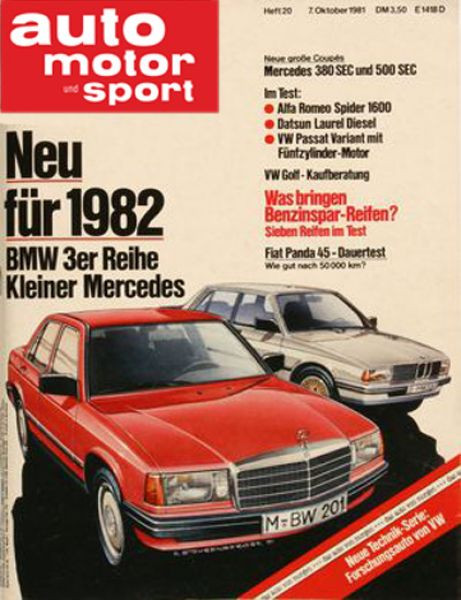 20/1981: Neu für 1982 - BMW 3er Reihe und kleiner Mercedes; Neue große Coupes - Mercedes 380 SEC und 500 SEC; Im Test: Alfa Romeo Spider 1600, Datsun Laurel Diesel und VW Passat Variant mit Fünfzylinder-Motor; VW Golf-Kaufberatung; Was bringen Benzinspar-