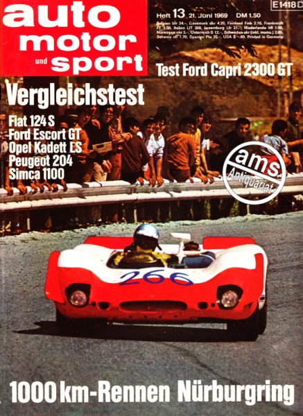 13/1969: Test Ford Capri 2300 GT; Vergleichstest Fiat 124 S, Ford Escort GT, Opel Kadett LS, Peugeot 204 und Simca 1100; 1000 km-Rennen Nürburgring
