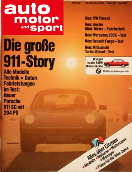 22/1980: Die große 911-Story: Alles Modelle, Technik, Daten und Fahrleistungen - Im Test: Neuer Porsche 911 SC mit 204 PS; Neu: VW Passat; Neu: Austin Mini-Metro-Fahrbericht; Neu: Mercedes 230 E - Test; Neu: Renault Fuego - Test; Neu: Mitsubishi Turbo-Die