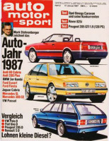 2/1987: Mark Stehrenberger zeichnet das Auto-Jahr 1987: Audi 80 Cabrio, Audi 200 Plus, BMW 3er Kombi, Ford Escort. Ford Fiesta, Jaguar Cabrio, Mercedes SL,...
