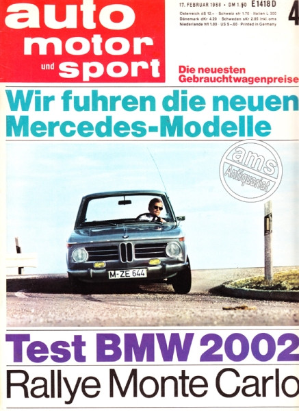 4/1968: Wir fuhren die neuen Mercedes-Modelle 200, 220, 230, 250 und 280 - Die wohlkalkulierte Perfektion (auf 5 Seiten); Test BMW 2002; Testbericht: SIMCA 1200 S Coupe - Maßschneider am Werk; Daten und Taten: Fiat 850 Special; Rallye Monte Carlo: Triumph