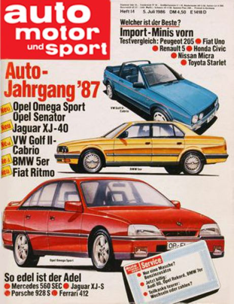 14/1986: Auto-Jahrgang ´87: Opel Omega Sport und Opel Senator, Jaguar XJ-40, VW Golf II-Cabrio, BMW 5er, Fiat Ritmo; So edel ist der Adel: Mercedes 560 SEC, Jaguar XJ-S, Porsche 928 S, Ferrari 412; Welcher ist der Beste? Import-Minis vorn. Testvergleich: