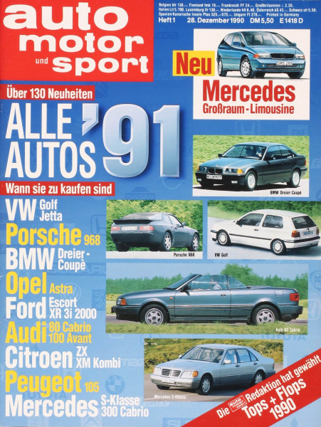 1/1991: Über 130 Neuheiten - Alle Autos ´91; Wann sie zu kaufen sind - VW Golf Jetta, Porsche 968, BMW Dreier-Coupe, Opel Astra, Ford Escort XR 3i 2000, Audi 80 Cabrio und 100 Avant, Citroen ZX und XM Kombi, Peugeot 105 sowie Mercedes S-Klasse und 300; Ne