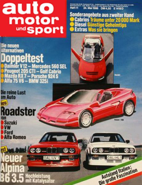 11/1986: Die neuen Alternativen - Doppeltest: Daimler V 12 gegen Mercedes 560 SEL, Peugeot 205 CTI gegen Golf Cabrio, Mazda RX 7 gegen Porsche 924 S, Alfa 75 V6 gegen BMW 325i; Die reine Lust am Auto - Neue Roadster von: Suzuki, VW, Ford und Alfa Romeo; T