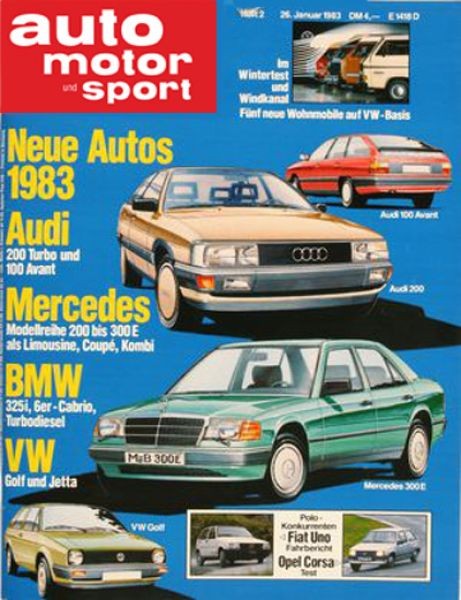 Neue Autos 1983: VW GOLF und VW Jetta, BMW 325 i, BMW 6er Cabrio, BMW Turbodiesel; Mercedes Modellreihe 200 bis 300 Als Limousine, Coupe und Kombi, Audi 200 Turbo und 100 Avant