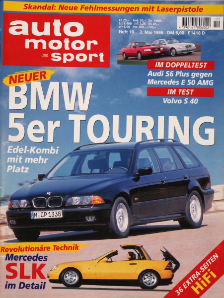 Titelblatt Auto Motor und Sport AMS 10/1996 vom 03.05.1996 bis 16.05.1996 mit BMW 5er E39 Touring und Mercedes SLK.
