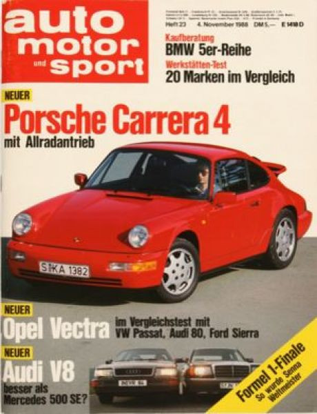 23/1988: Neuer Porsche Carrera 4 mit Allradantrieb; Neuer Opel Vectra - Im Vergleichstest mit VW Passat, Audi 80 und Ford Sierra; Neuer Audi V8 - Besser als Mercedes 500 SE?; Kaufberatung: BMW 5er-Reihe; Werkstätten-Test: 20 Marken im Vergleich; Formel 1-