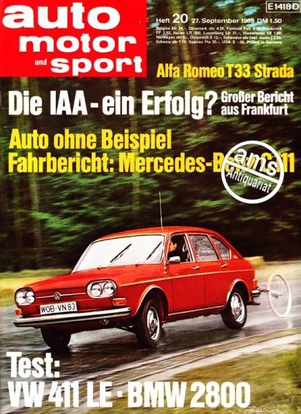 20/1969: Die IAA - ein Erfolg? Großer Bericht aus Frankfurt; Alfa Romeo T33 Strada; Auto ohne Beispiel - Fahrbericht: Mercedes-Benz C 111; Test: VW 411 LE und BMW 2800