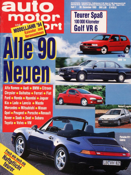 1/1994: Modelljahr ´94 - Kalender zum herausnehmen: Alle 90 Neuen von Alfa Romeo, Audi, BMW, Citroen, Chrysler, Daihatsu, Ferrari, Fiat, Ford, Honda, Hyundai, Jaguar, Kia, Lada, Lancia, Mazda, Mercedes, Mitsubishi, Nissan, Opel, Peugeot, Porsche, Renault,