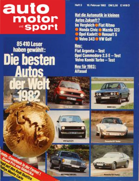 3/1982: 85 410 Leser haben gewählt: Die besten Autos der Welt 1982; Hat die Automatik in kleinen Autos Zukunft? Im Vergleich: Fiat Ritmo, Honda Civic, Mazda 323, Opel Kadett, Renault 5, Volvo 343, VW Golf; Neu: Fiat Argenta - Test, Opel Commodore 2.5 E -