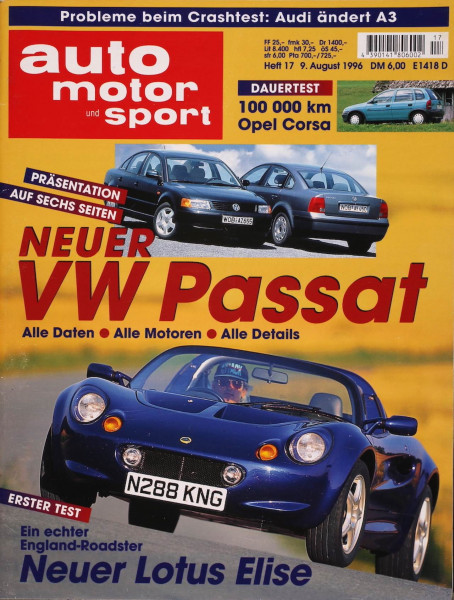 Original Auto Motor Sport Zeitung 1996 vom 09.08.1996 bis 22.08.1996 mit VW Passat B5, Lotus Elise, Alfa Romeo 145 Quadrifoglio, Audi A3 und Maserati Quattroporte.