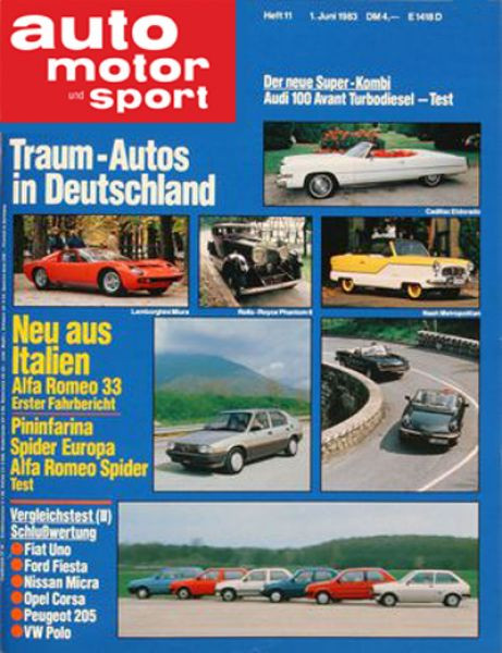 11/1983: Traum-Autos in Deutschland: Cadillac Eldorado, Lamborghini Miura, Rolls-Royce Phantom II, Nash Metropolitan; Neu aus Italien: Alfa Romeo 33 - Erster Fahrbericht, Pininfarina Spider Europa und Alfa Romeo Spider Test; vergleichstest (II) Schlusswer