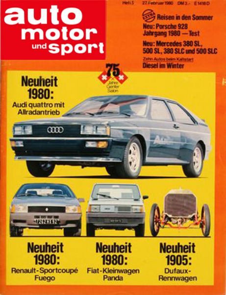 5/1980: Neuheit 1980: Audi quattro mit Allradantrieb; Neuheit 1980: Renault-Sportcoupe Fuego; Neuheit 1980: Fiat-Kleinwagen Panda; Neuheit 1905: Dufaux-Rennwagen; Reisen in den Sommer; Neu: Porsche 928 Jahrgang 1980 - Test; Neu: Mercedes 380 SL, 500 SL, 3