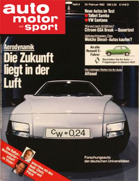 4/1982: Aerodynamik - Die Zukunft liegt in der Luft: Forschungsauto der deutschen Universitäten mit einem Cw-Wert von 0,24; Neue Autos im Test: Talbot Samba, VW Santana; Wie gut nach 50 000 km? Citroen GSA Break - Dauertest; Gebrauchtwagen-Tipp: Welche Di