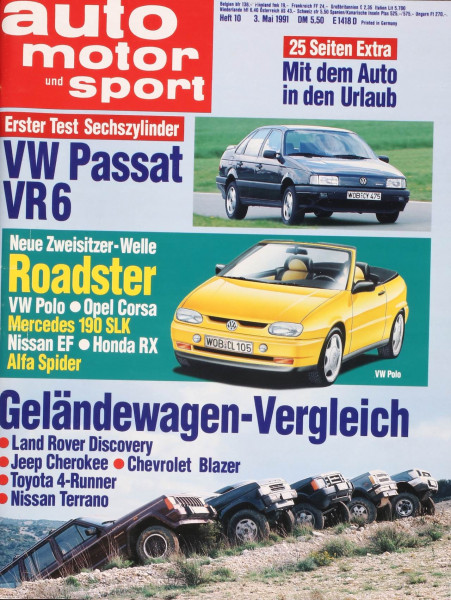 10/1991: Erster Test: Sechszylinder VW Passat VR 6; Neue Zweisitzer-Welle - Roadster: VW Polo, Opel Corsa, Mercedes 190 SLK, Nissan EF, Honda RX, Alfa Spider; Geländewagen-Vergleich: Land Rover Discovery, Jeep Cherokee, Chevrolet Blazer, Toyota 4-Runner, 