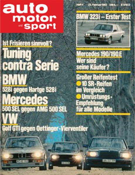 4/1983: Ist Frisieren sinnvoll? Tuning contra Serie: BMW 528i gegen Hartge 528i, Mercedes 500 SEL gegen AMG 500 SEL, VW Golf GTI gegen Oettinger-Vierventiler; BMW 323i - Erster Test; Mercedes 190/190 E: Wer sind seine Käufer?; Großer Reifentest: 10 SR-Rei