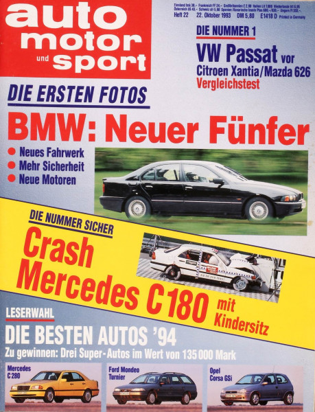 22/1993: Die ersten Fotos - BMW: Neuer Fünfer mit neuem Fahrwerk, mehr Sicherheit und neue Motoren; ; Die Nummer 1 - VW Passat vor Citroen Xantia/Mazda 626: Vergleichstest; Die Nummer Sicher - Crash Mercedes C180 mit Kindersitz; Leserwahl - Die besten Aut