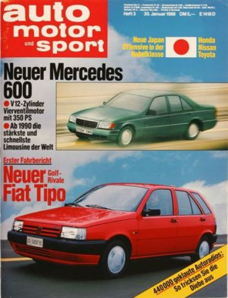 3/1988: Neuer Mercedes 600: V12-Zylinder Vierventilmotor mit 350 PS, Ab 1990 die stärkste und schnellste Limousine der Welt; Erster Fahrbericht: Neuer Fiat Tipo - Golf Rivale; Neue Japan Offensive in der Nobelklasse: Honda, Nissan, Toyota; 440000 geklaute