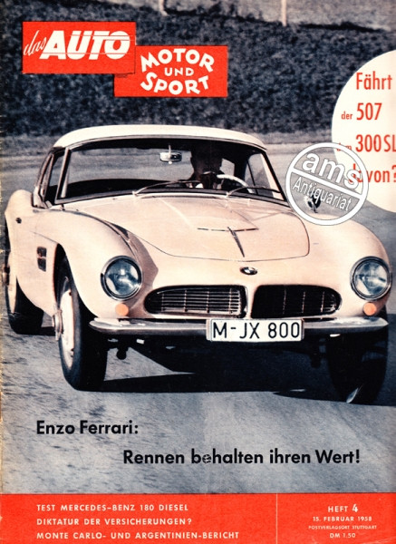 4/1958: Fährt der 507 dem 300 SL davon?; Enzo Ferrari: Rennen behalten ihren Wert!; Test: Mercedes-Benz 180 Diesel; Diktatur der Versicherungen?; Monte Carlo- und Argentinien-Bericht