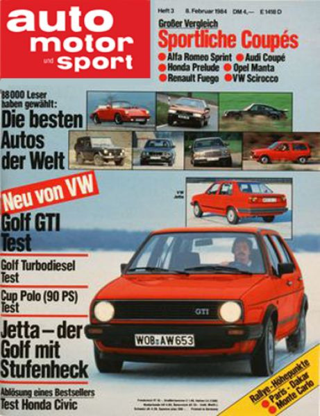 3/1984: 88 000 Leser haben gewählt: Die besten Autos der Welt; Neu von VW: Golf GTI Test, Golf Turbodiesel Test, Cup Polo (90 PS) Test, Jetta - der Golf mit Stufenheck; Großer Vergleich - Sportlihe Coupes: Alfa Romeo Sprint, Audi Coupe, Honda Prelude, Ope