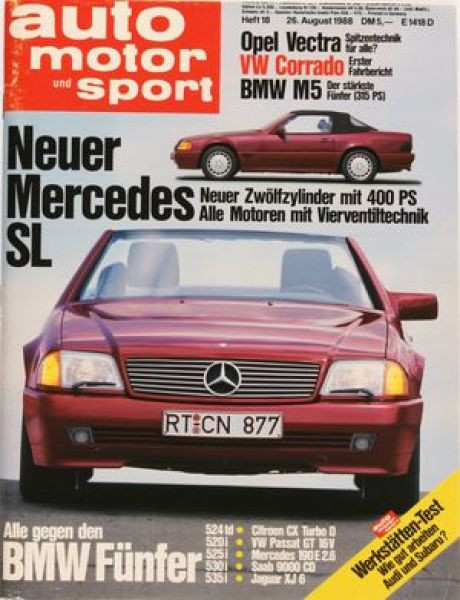 18/1988: Neuer Mercedes SL - Neuer Zwölfzylinder mit 400 PS und alle Motoren mit Vierventiltechnik; Alle gegen den BMW Fünfer: 524 td gegen Citroen CX Turbo D, 520i gegen VW Passat GT 16V, 525i gegen Mercedes 190 E 2.6, 530i gegen Saab 9000 CD, 535i gegen