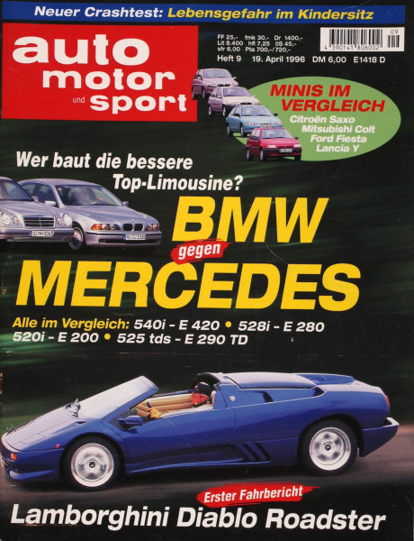 Titelblatt Auto Motor und Sport AMS 9/1996 vom 19.04.1996 bis 02.05.1996 mit BMW gegen Mercedes Vergleich und Lamborghini Diablo Roadster.