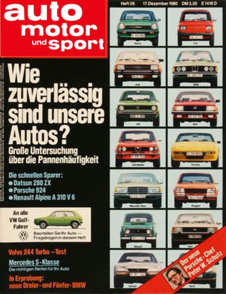 26/1980: Wie zuverlässig sind unsere Autos? Große Untersuchung über die Pannenhäufigkeit; Die schnellen Sparer: Datsun und Renault Alpine A 310 V 6; Volvo 244 Turbo - Test; Mercedes S-Klasse - Die richtigen Reifen für Ihr Auto; In Erprobung: neue Dreier-