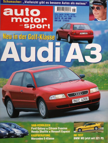 16/1995: Neu in der Golf-Klasse: Audi A3; Schumacher: "Vielleicht gibt es bessere Autos als meines"; Van-Vergleich: Ford Galaxy - Citroen Evasion - Honda Shuttle - Renault Espace; Kaufberatung: Mercedes E-Klasse; Im Test: BMW M3 jetzt mit 321 PS