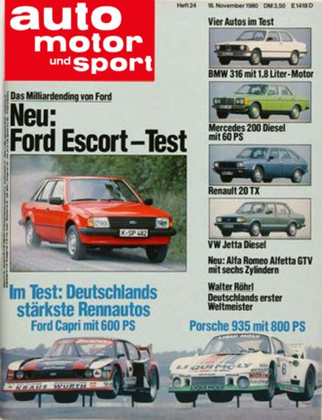 24/1980: Das Milliardending von Ford - Neu: Ford Escort - Test; Im Test: Deutschlands stärkste Rennautos - Ford Capri mit 600 PS und Porsche 935 mit 800 PS; Vier Autos im Test: BMW 316 mit 1,8 Liter-Motor, Mercedes 200 Diesel mit 60 PS, Renault 20 TX und