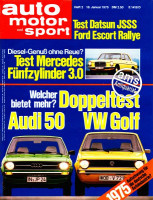 2/1975: Test Datsun JSSS und Ford Escort Rallye; Diesel-Genuss ohne Reue? Test Mercedes Fünfzylinder 3.0; Welcher bietet mehr? Doppeltest: Audi 50 und VW...