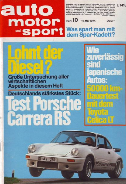10/1974: Deutschlands stärkstes Stück: Test Porsche Carrera RS; Lohnt der Diesel? Große Untersuchung aller wirtschaftlichen Aspekte in diesem Heft; Wie zuverlässig sind japanische Autos: 50000 km-Dauertest mit dem Toyota Celica LT; Was spart man mit dem S