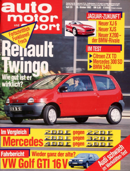 23/1992: Fortschrittlich, Funktionell, Frech - Renault Twingo: Wie gut ist er wirklich?; Jaguar-Zukunft ´: Neuer XJ 6, Neuer XJS, Neuer X200 - der BMW-Rivale; Im Test: Citroen ZX TD, Mercedes 300 SD und BMW 540 i; Im Vergleich - Mercedes 200 E gegen 220 E