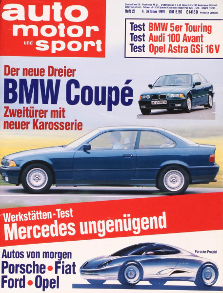 21/1991: Der neue Dreier - BMW Coupe: Zweitürer mit neuer Karosserie; Werkstätten-Test: Mercedes ungenügend; Autos von morgen: Porsche, Fiat, Ford und Opel; Test: BMW 5er Touring; Test: Audi 100 Avant; Test:: Opel Astra GSi 16 V