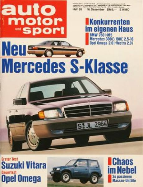 26/1988: Neu - Mercedes S-Klasse; Erster Test - Suzuki Vitara; Dauertest - Opel Omega; Chaos im Nebel- So passieren Massen-Unfälle; Konkurrenten im eigenen Haus: BMW 750i gegen M5, Mercedes 300 E gegen 190 E 2.5-16 und Opel Omega 2.0i gegen Vectra 2.0i